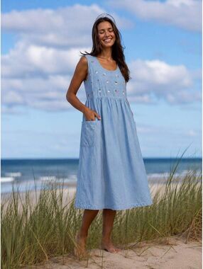 Take Nine Maternity Women's Size S Blue Denim Strawberry Embroidered Midi Dress